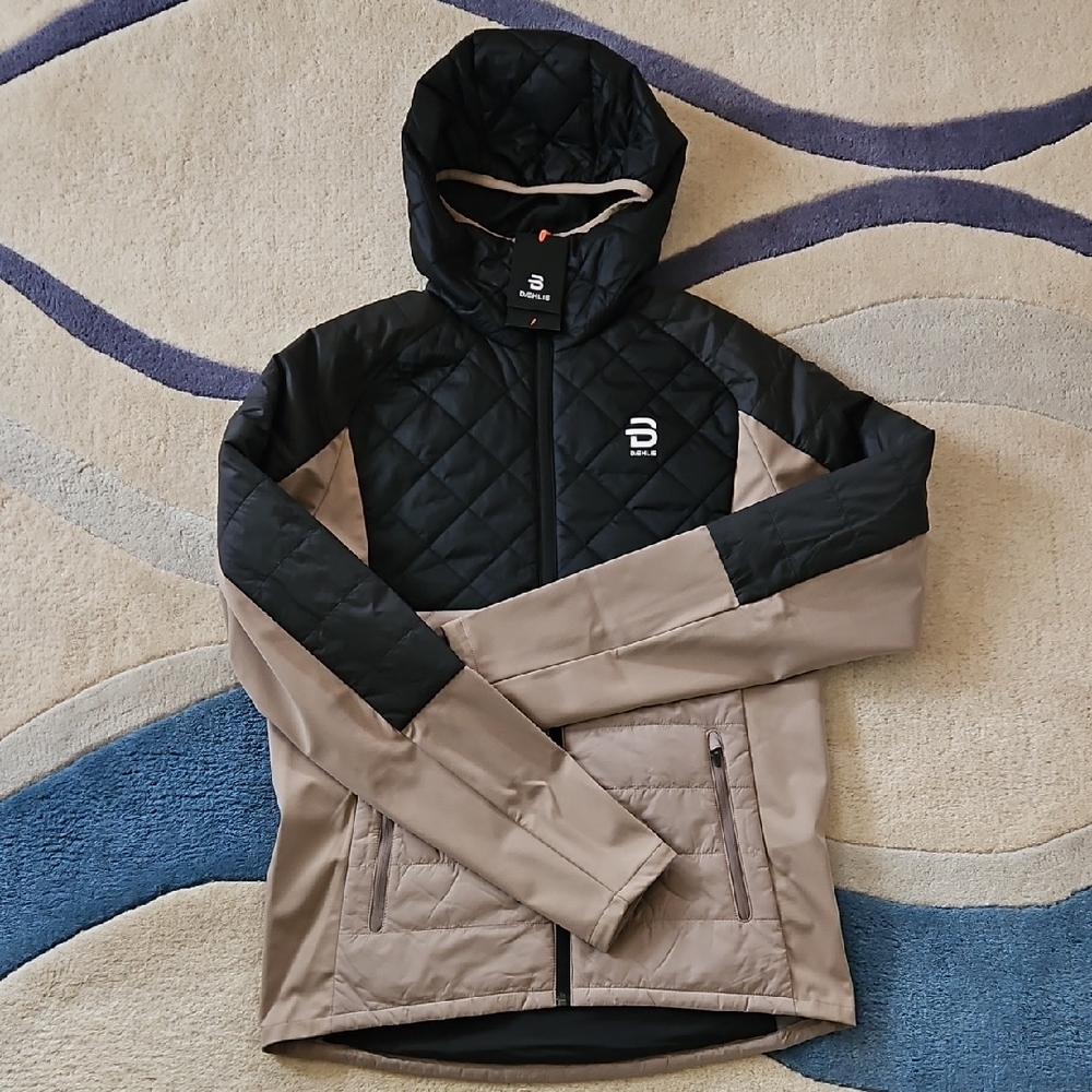 Dahlie Mens Graphlite Hooded Insulated Jacket in Tan and Black, Size Medium, NWT